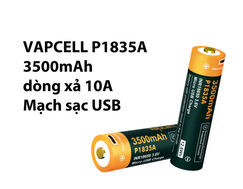 VAPCELL P1835A Pin sạc Li-ion 18650 dung lượng 3500mAH dòng xả 10A có cổng sạc USB