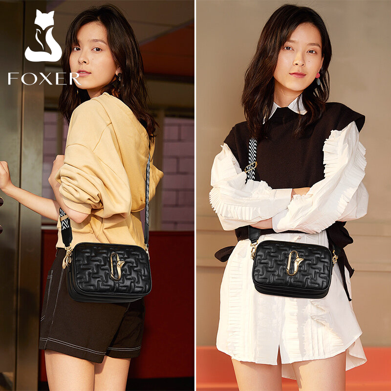 FOXER Female Cow Leather Square Crossbody Bag Three-tier Large Capacity Design Shoulder Bag Straps Women Small Flap Bag