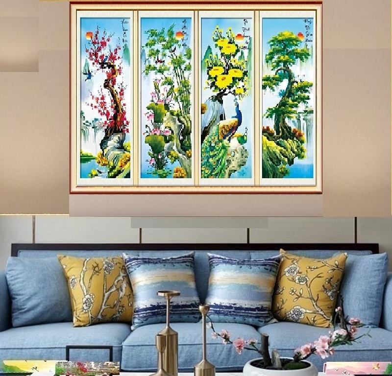 Tranh Đính Đá Tứ Quý Tùng Cúc trúc mai LV340 Kích thước 136cmx90cm.