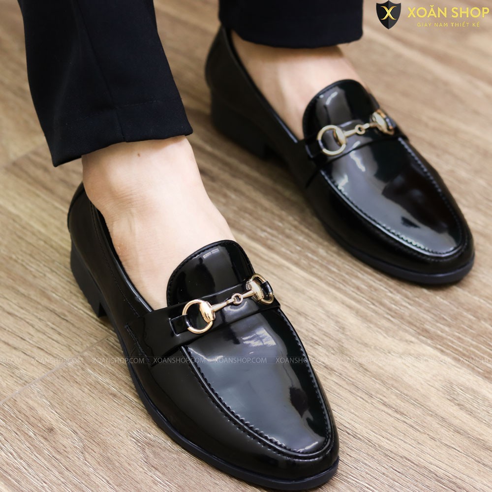 Giày Lười Nam Da Bóng Đế Cao Su Cao 3cm - Màu Đen - Mã L158 - Hàng Việt Nam