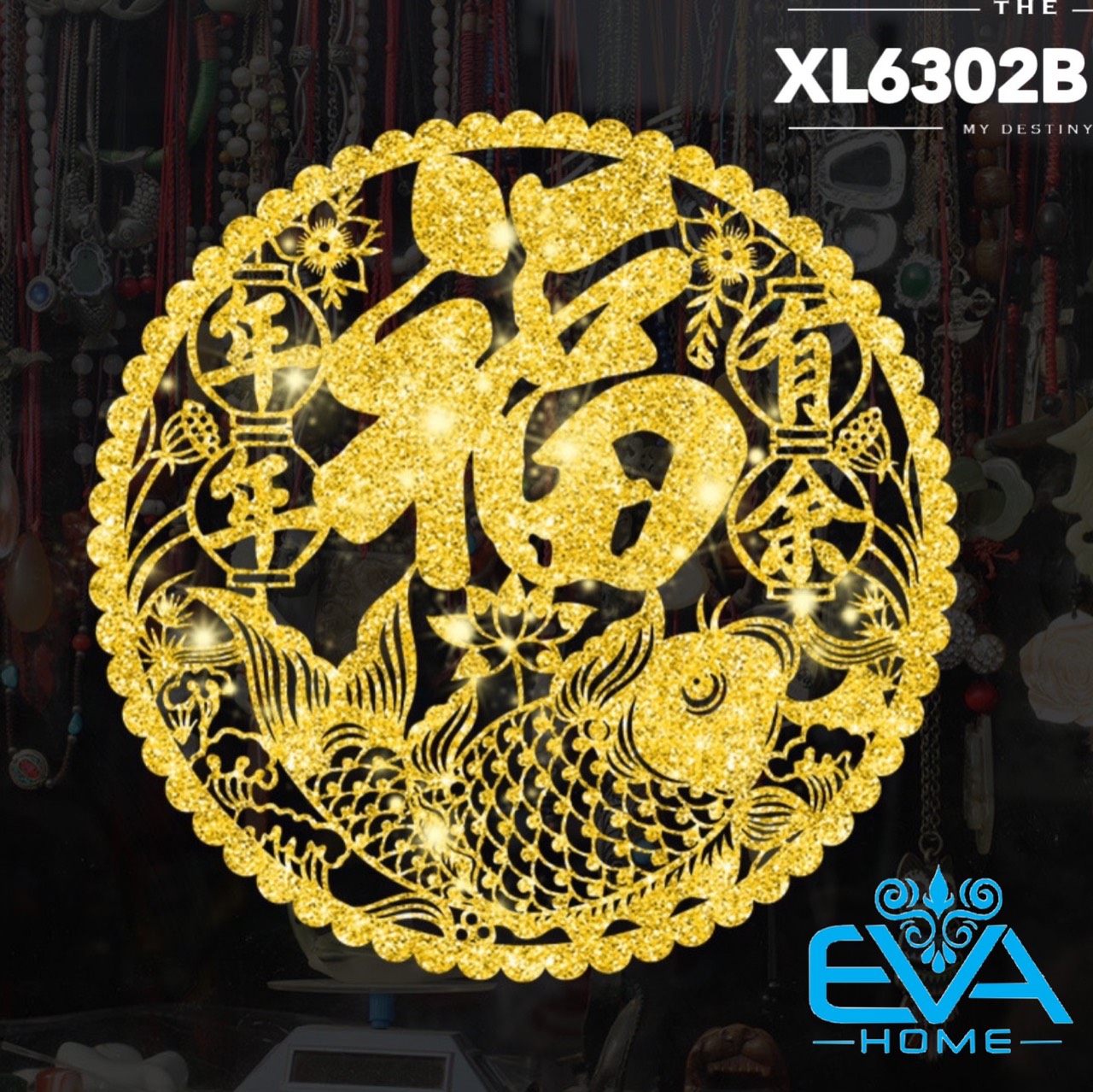 Decal dán tường dán kính trang trí tết họa tiết thần tài cá chép đón xuân xh3227 m3594