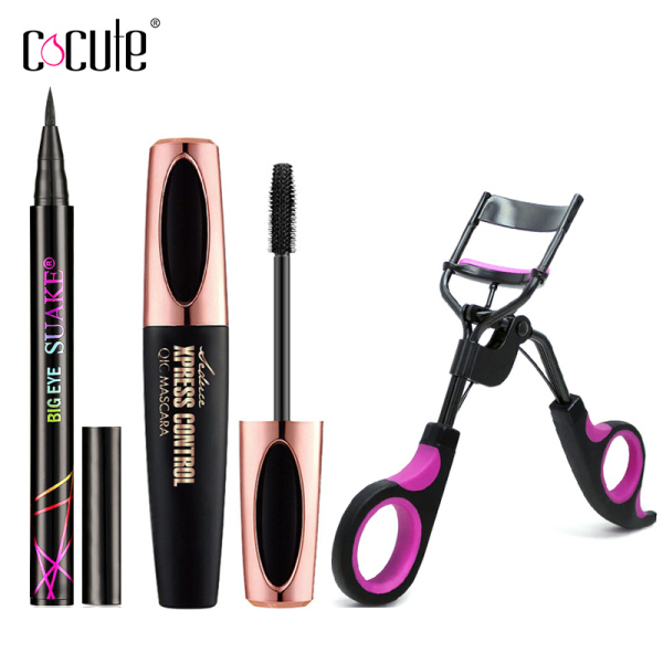 Cocute 3PCS Eyes Makeup Set Long Lasting Eyeliner 3D Volume Mascara Eyelash Curly Beauty Tool