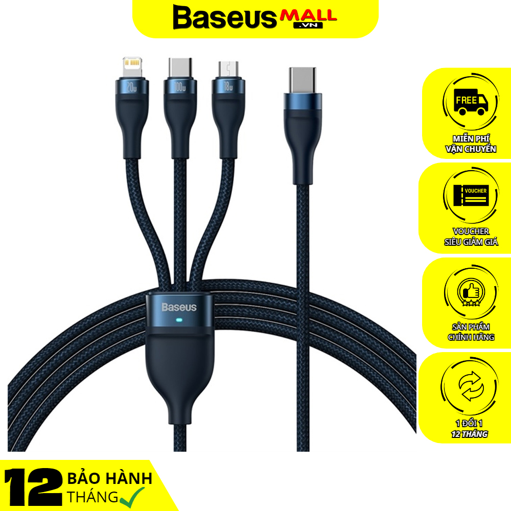 Cáp sạc nhanh 3 đầu Baseus Flash Series Ⅱ One-for-three Fast Charging Cable Type-C to M+L+C 100W