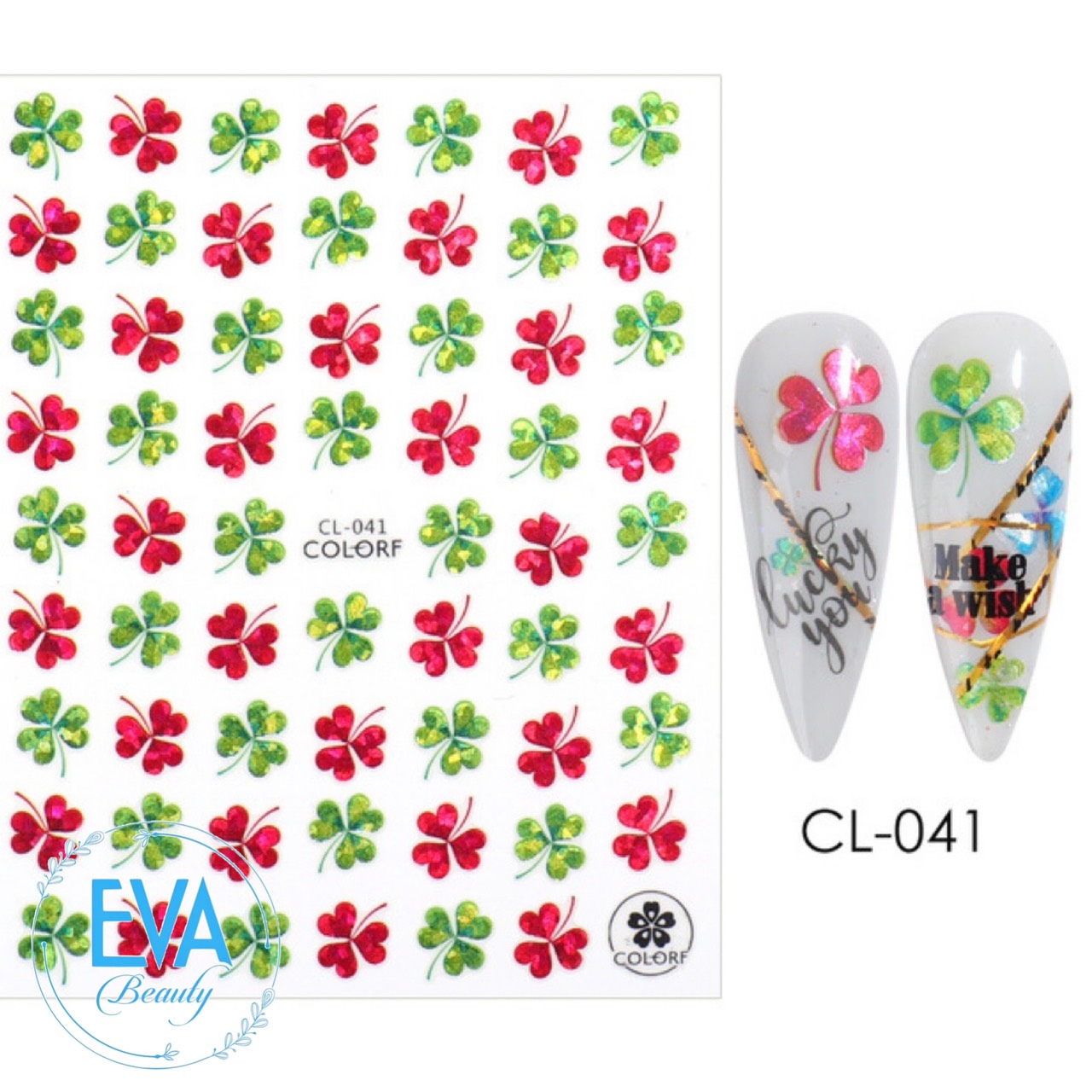 Sticker dán móng tay 3d dạng decal dán chống nước hoạ tiết cỏ 4 lá lucky 4 leaf clover ánh nhũ lấp lánh cl044