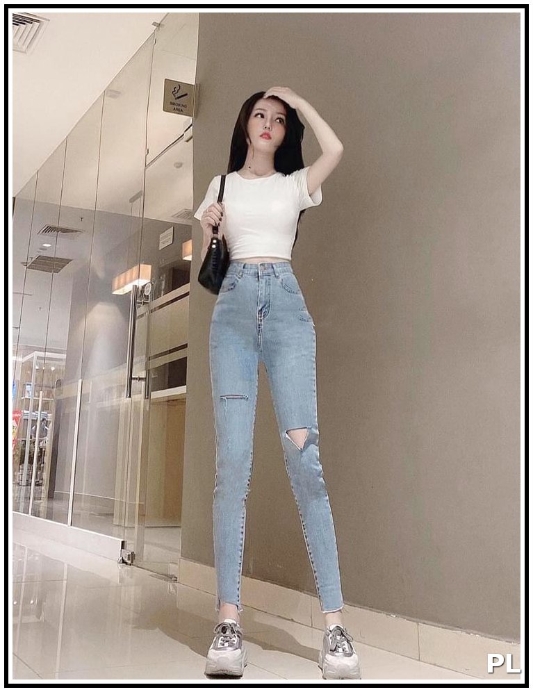 Quần jean nữ lưng cao rách xẻ gối phối rách lai 1 bên  ( XANH NHẠT ) mẫu mới  S1