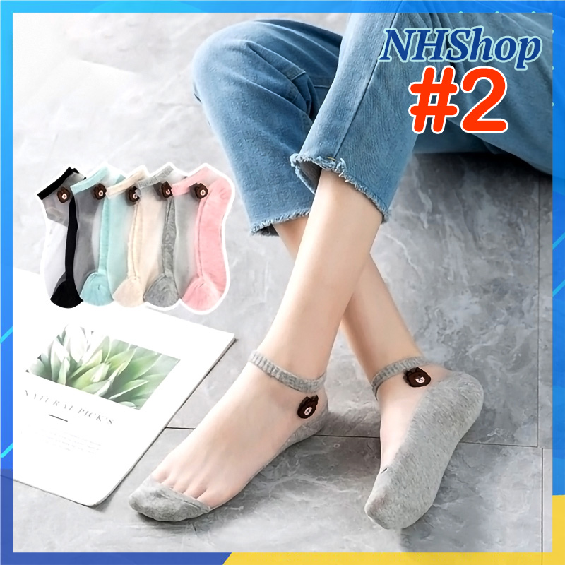 Set 5 đôi Vớ ngắn nữ Gấu nâu Phối lưới trong suốt XINH XINH - Vớ lưới mỏng mùa hè trong suốt - NHShop