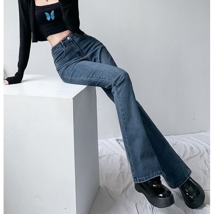 Quần jeans nữ loe xanh đậm trơn dài lưng cao vải Denim quần jean nữ ống bass Eo co giãn cao cấp lưng cao 2024