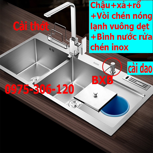 CHẬU ĐÚC Combo Chậu Rửa Chén Bát INOX 304 N3 10048 NA.GRAND và Xả và Rổ và Vòi Rửa Chén Nóng Lạnh vuông dẹt và Bình Nước Rửa Chén bồn rửa chén inox