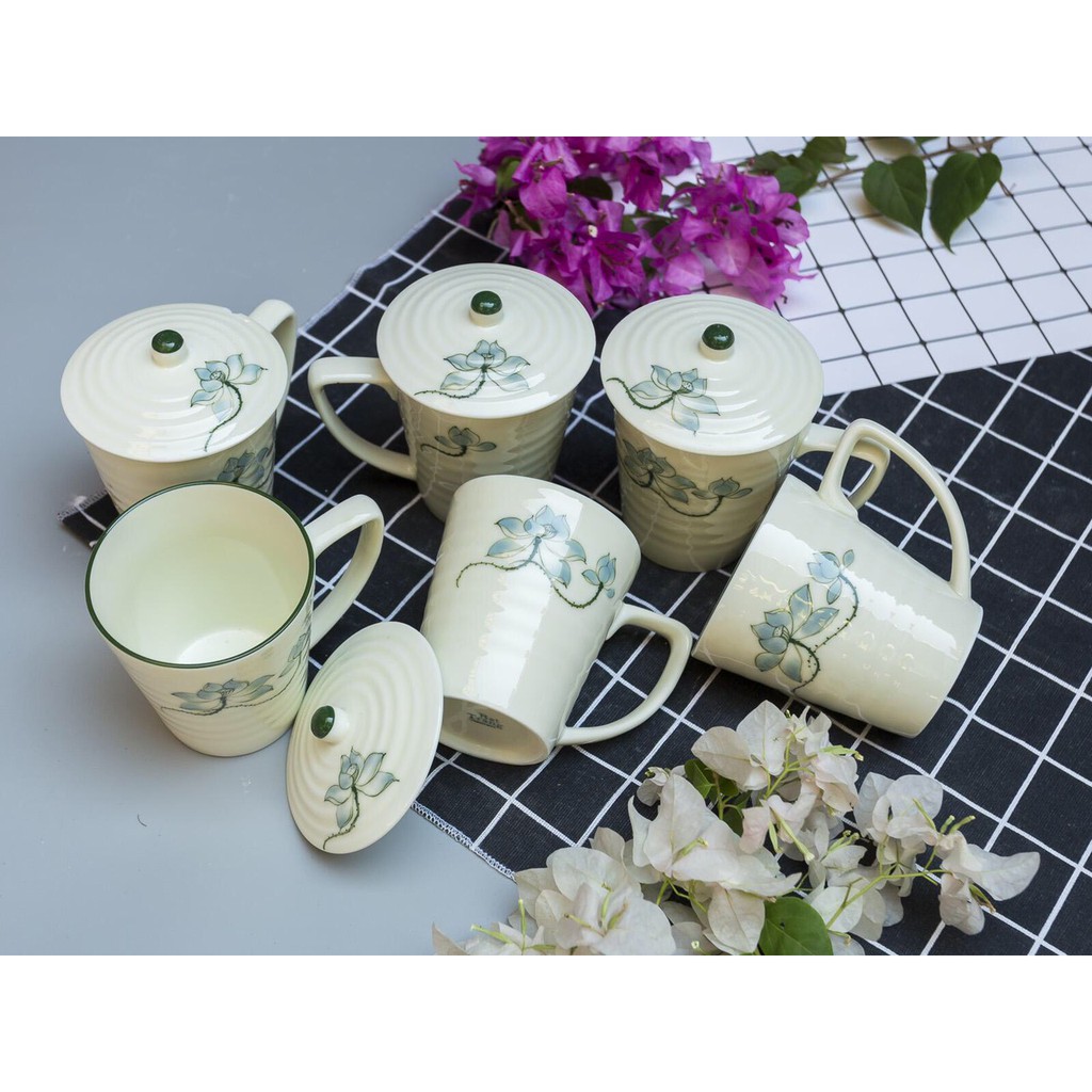 Cốc sứ uống nước có nắp gốm sứ Bát Tràng