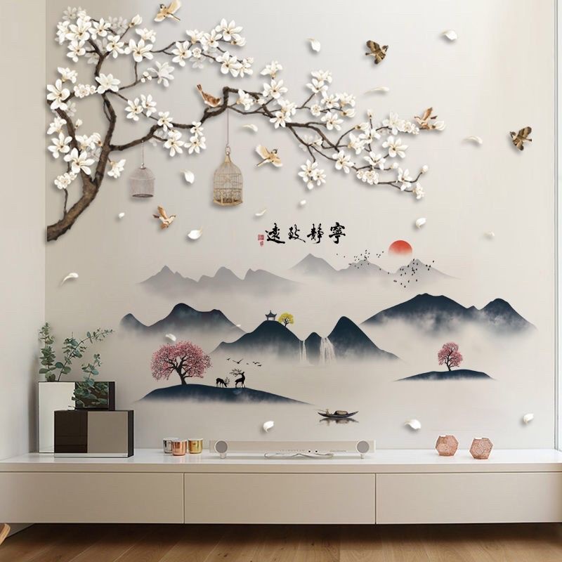 Decal dán tường cành mai và núi 02( tranh ghép)