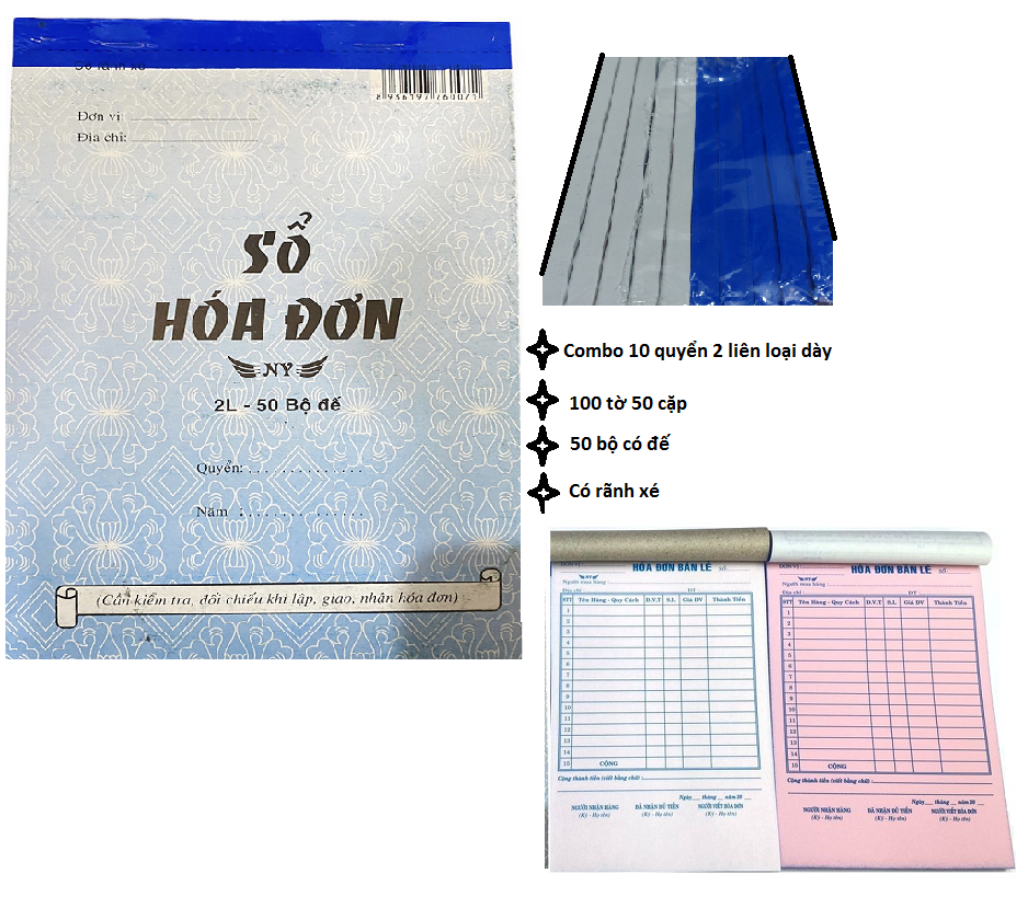Combo 10 quyển sổ hóa đơn bán lẻ 2 liên loại dày. 5.0 có đế 20*13cm