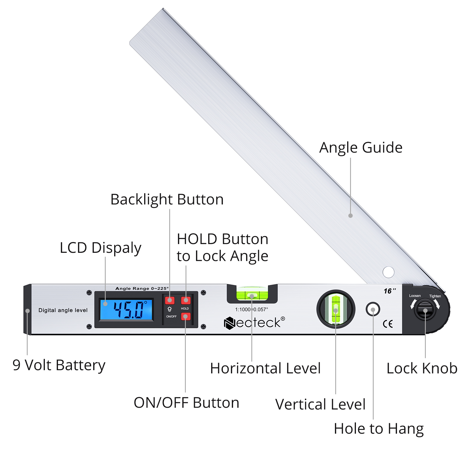 Neoteck 0~225° LCD Digital Protractor Spirit Level Angle Finder Gauge Meter