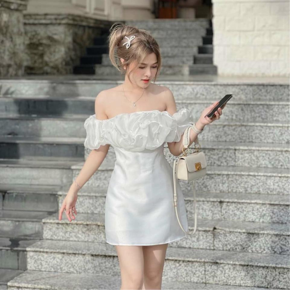 Đầm dự tiệc punmax k12 bẹt vai đính ngọc form dáng a