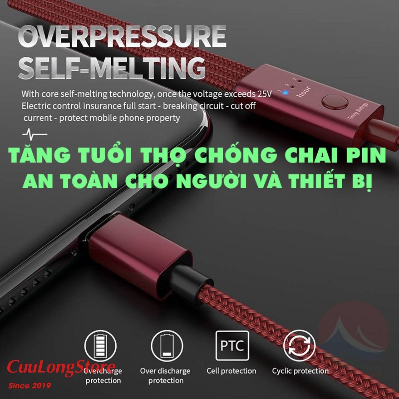 Cáp Sạc Tự Ngắt Hẹn Giờ Thông Minh 3H, 3 Đầu Đa Năng Lightning Type C Micro USB Chống Chai Pin, dây sạc tự ngắt an toàn sạc ban đêm