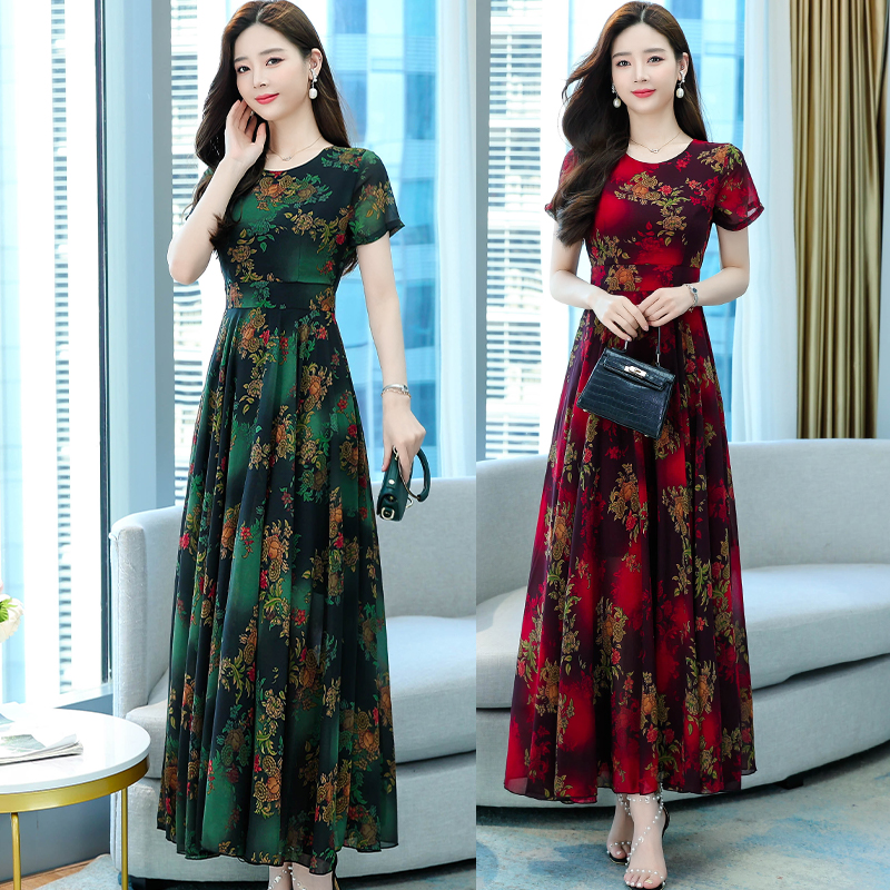 2023new Women Fashion Round Neck Short Sleeves Midi Skirt High Waist Floral Printing A-line Skirt