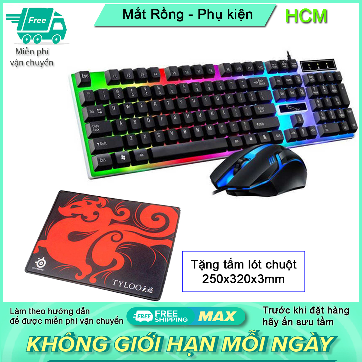 [Tặng lót chuột Tyloo 25x32cm] Bộ bàn phím và chuột G21B chuyên Game Led 7 màu, Phím cao đẹp và chắc chắn