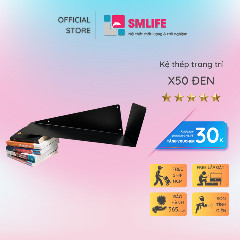 Kệ sách treo tường SMLIFE X50 - Kệ treo tường bằng thép dày 1,6mm - Sơn tĩnh điện màu Trắng/ Đen hiện đại - Tặng kèm bộ ốc vít và đầu bịt ốc