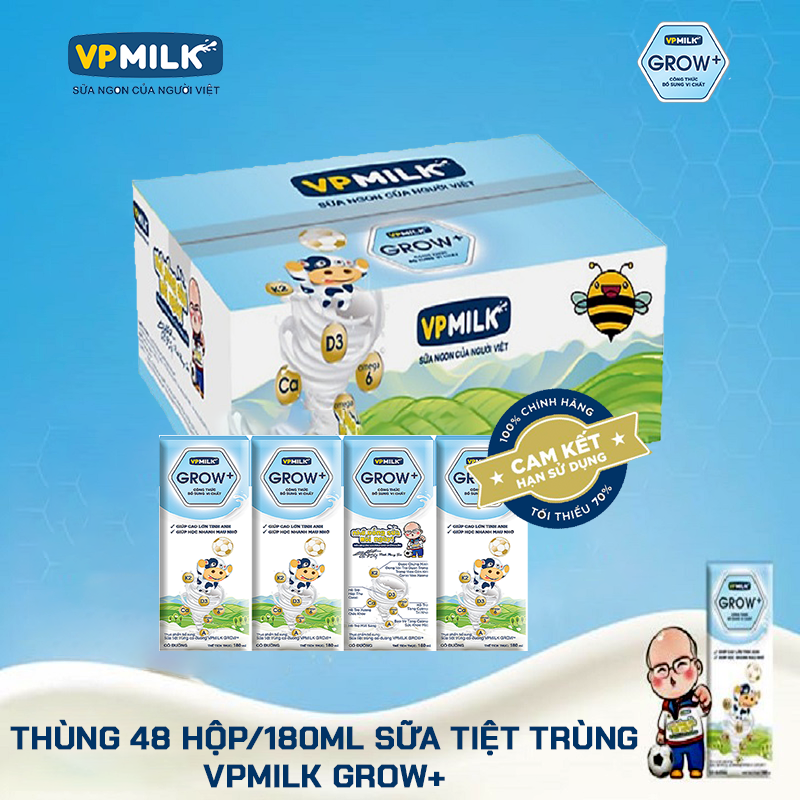 Sữa Tiệt Trùng Có Đường VPMilk Grow+ Hộp 180ml Thùng 48 Hộp