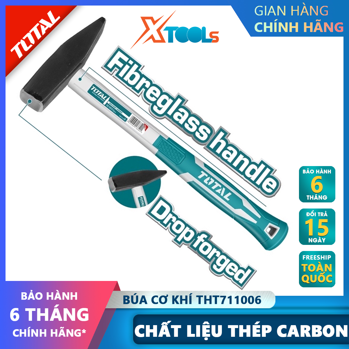Total tht711006 square tip hammer | 100g2kg mechanical hammer weight C45 carbon steel, heat-resistant, monolithic forged head