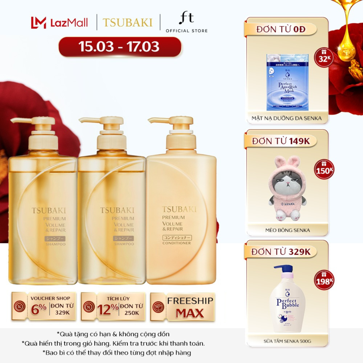 Bộ sản phẩm Gội xả Phục hồi ngăn rụng tóc Tsubaki Premium Repair (02 Shampoo & 01 Conditioner)