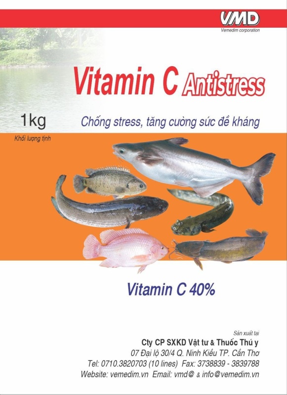 Vitamin C Antistress, vitamin c 40%, chống stress và tăng cường đề kháng cho cá, gói 1kg, Vemedim