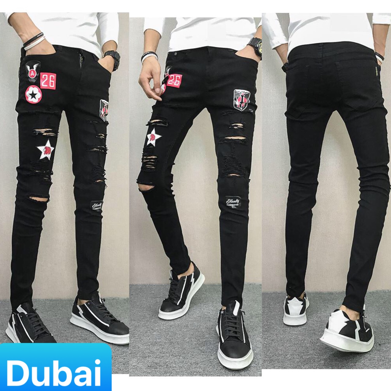 QUẦN JEAN NAM CHẤT BÒ TRẮNG ĐEN IN CHỮ RÁCH GỐI SIÊU SANG SIÊU ĐỘC CAO CẤP - DUBAI FASHION