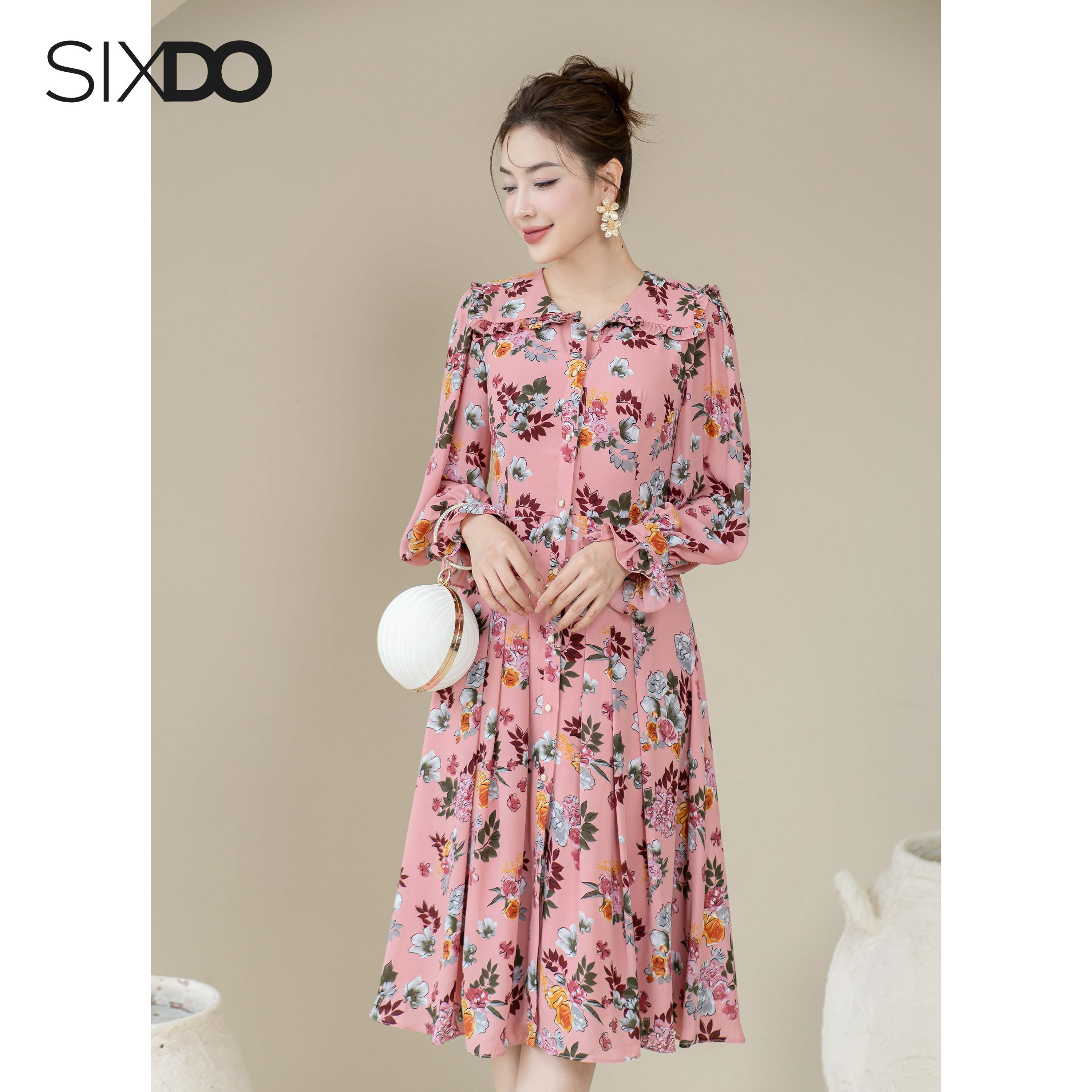 Đầm chiffon họa tiết hoa xếp ly SIXDO