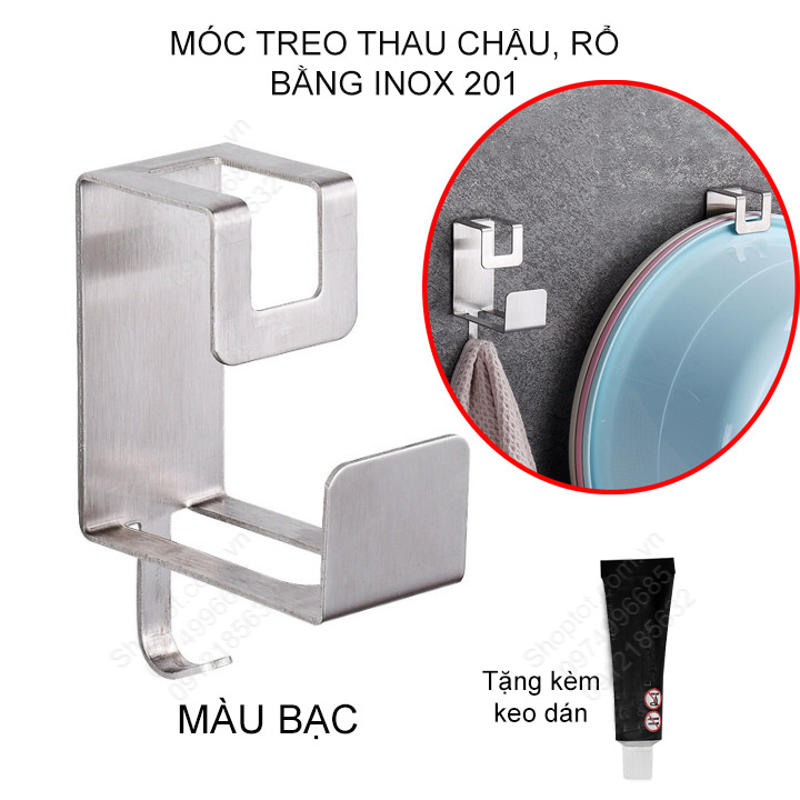 Móc treo chậu thau, rổ giá bằng inox không gỉ, treo đồ gia dụng đa năng nhà bếp, nhà tắm, gắn tường bằng keo