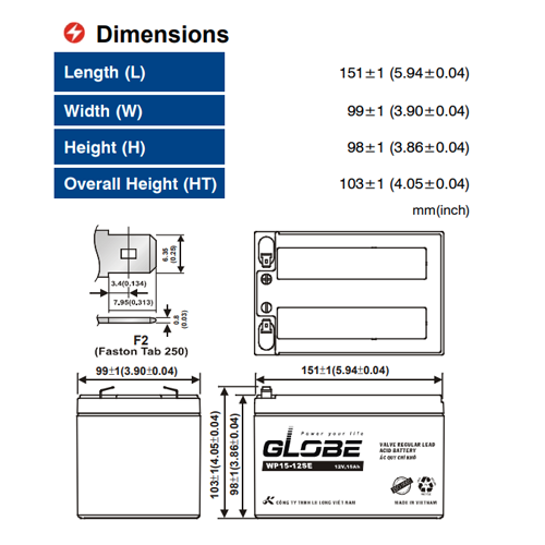 Ắc Quy Kín Khí (VRLA AGM) GLOBE 12V-15AH (20HR), WP15-12SE, F2 - Hàng Chính Hãng