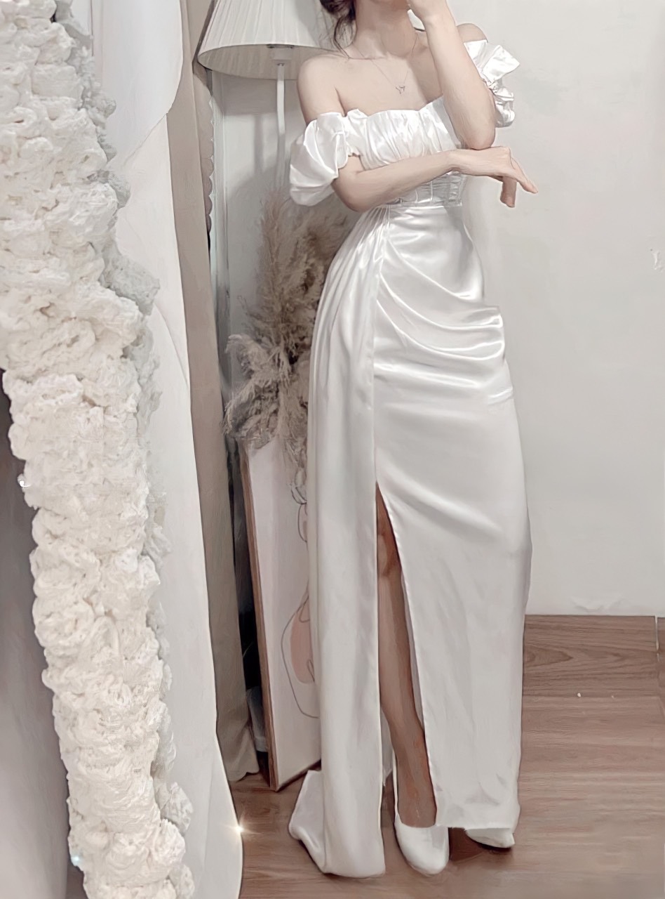 Cực chất đầm phi corset trễ vai tay phồng dáng dài cực sang chảnh up
