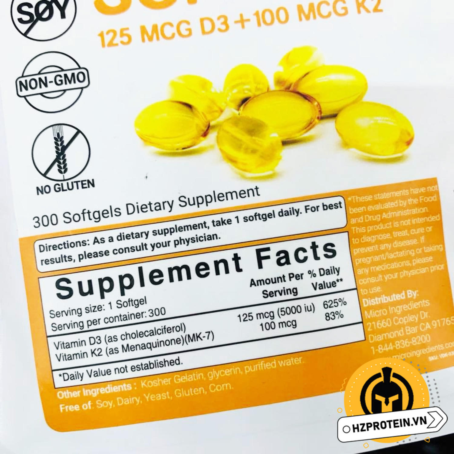 Micro Ingredients D3 5000IU+ K2 (300 Viên) - Hỗ trợ sức khỏe xương và thúc đẩy các động mạch khỏe mạnh
