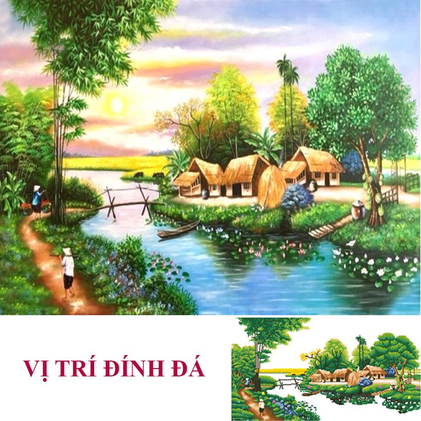 Tranh đính đá Phong cảnh quê hương KT 90*52cm, tranh đính đá quê hương, tranh đính đá làng quê, tranh đính đá đồng quê, tranh đính đá đẹp, tranh đính đá