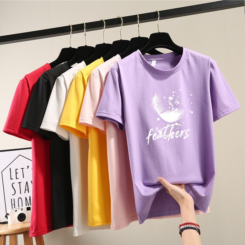 Áo thun tay ngắn cao cấp thun cotton vải dày dặn xịn sò in hình lông vũ bán chạy áo phông nữ form vừa người size M, L nhiều màu quần áo thời trang giá kho sỉ