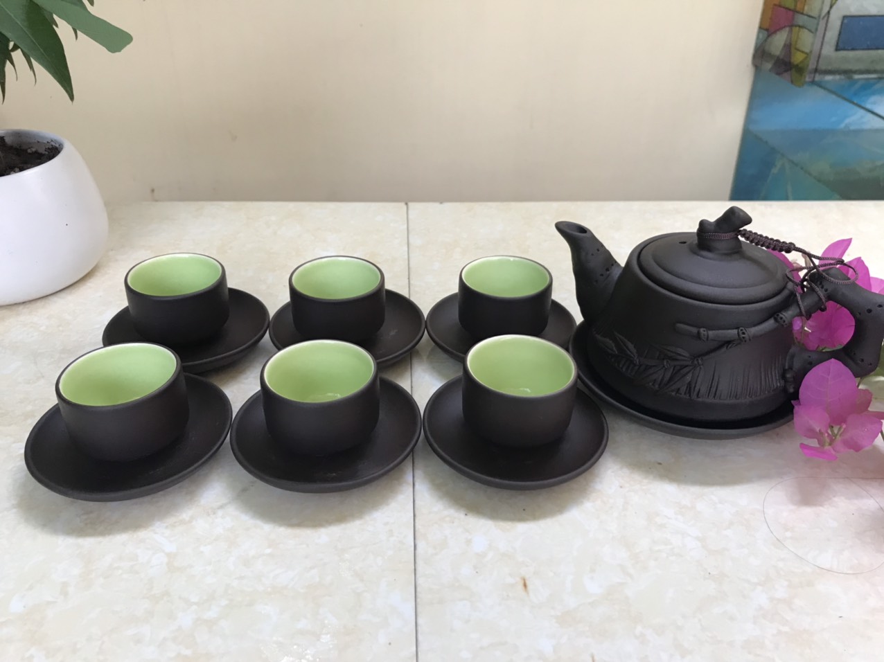 Bộ âm chén tử sa Bát Tràng - Ấm đắp trúc 250ml