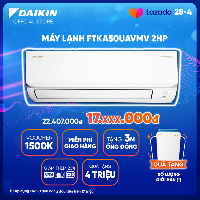 Bảng giá Máy lạnh Daikin Inverter FTKA50UAVMV 2HP (18000BTU) - Tiết kiệm điện - Luồng gió Coanda - Độ bền cao - Chống Ăn mòn - Chống ẩm mốc - Làm lạnh nhanh - Hàng chính hãng