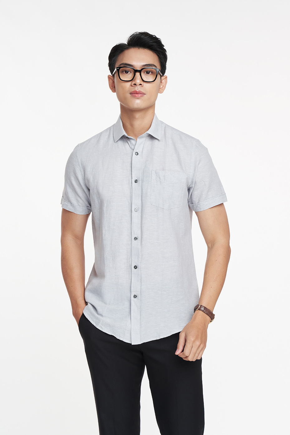 N&m áo sơ mi nam ngắn tay có cổ trơn dáng slim fit 1906086