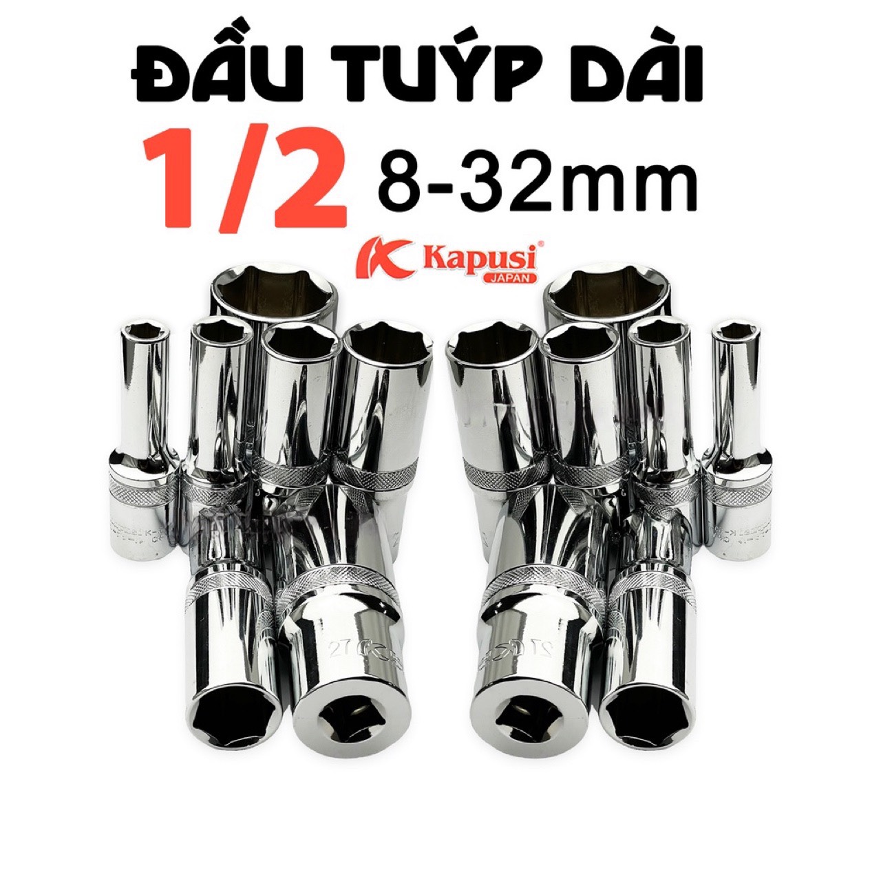 Tuýp khẩu lục giác trắng dài 78mm KAPUSI Nhật Bản hệ 1/2 inch đủ size 8-32mm, thép CR-V, Bh 12 tháng Tools and Hardware