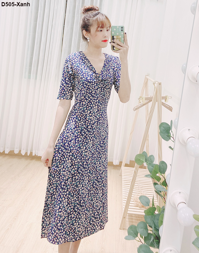 [HCM]D505- Đầm lụa hoa dáng dài vintage
