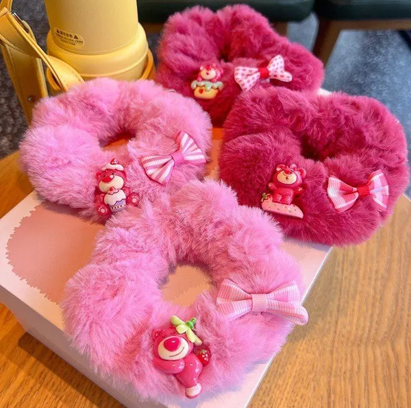 1 cột tóc phủ lông gấu hồng nơ xinh xắn Phụ kiện 68 M5