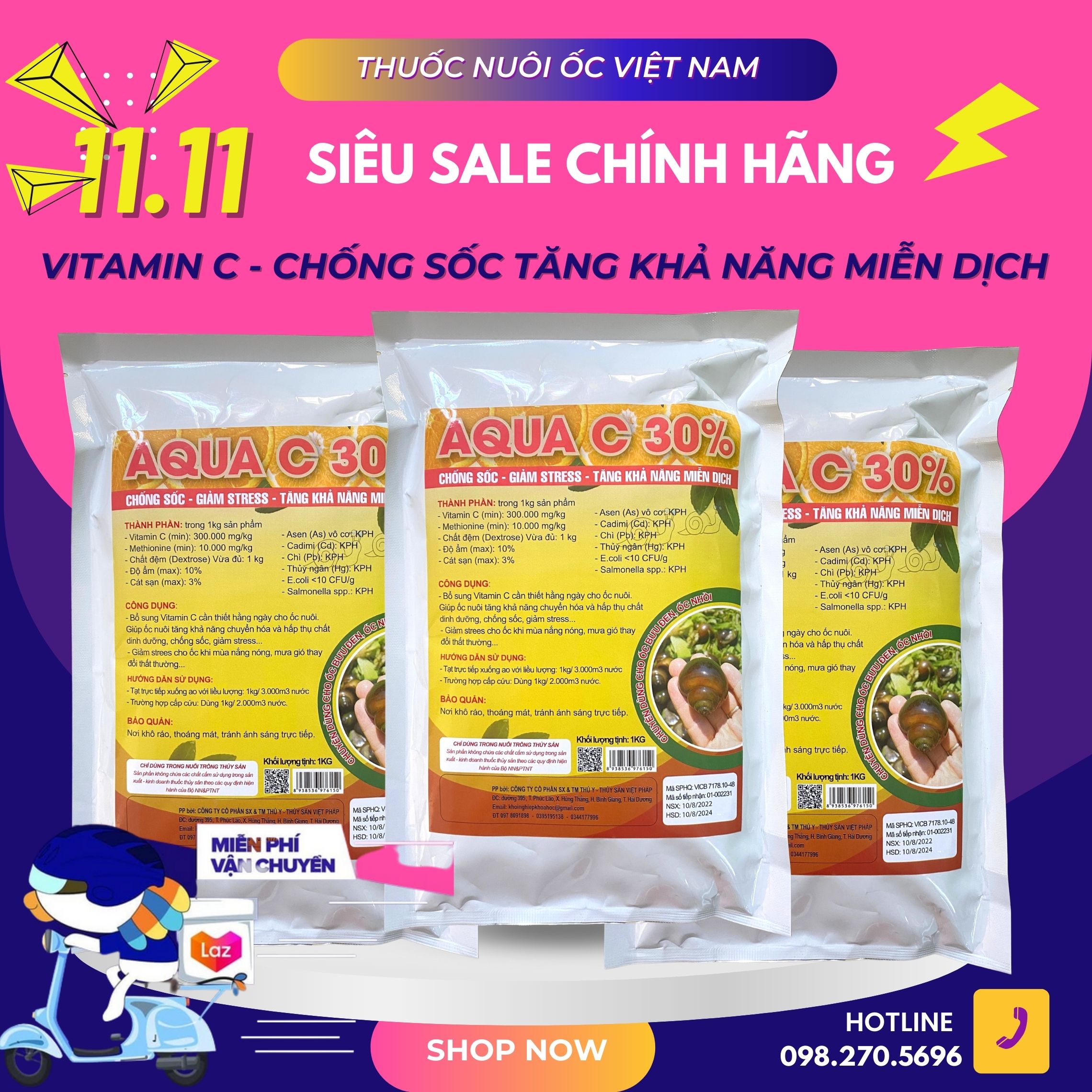 Vitamin C Cho Ốc Bươu Đen, Ốc Nhồi giảm sốc, giảm stress, tăng khả năng miễn dịch cho ốc, tăng khả năng chuyển hoá hấp thụ cho ốc nuôi siêu khoẻ