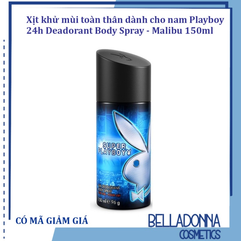 Xịt khử mùi toàn thân dành cho nam Playboy 24h Deadorant Body Spray - Malibu 150ml