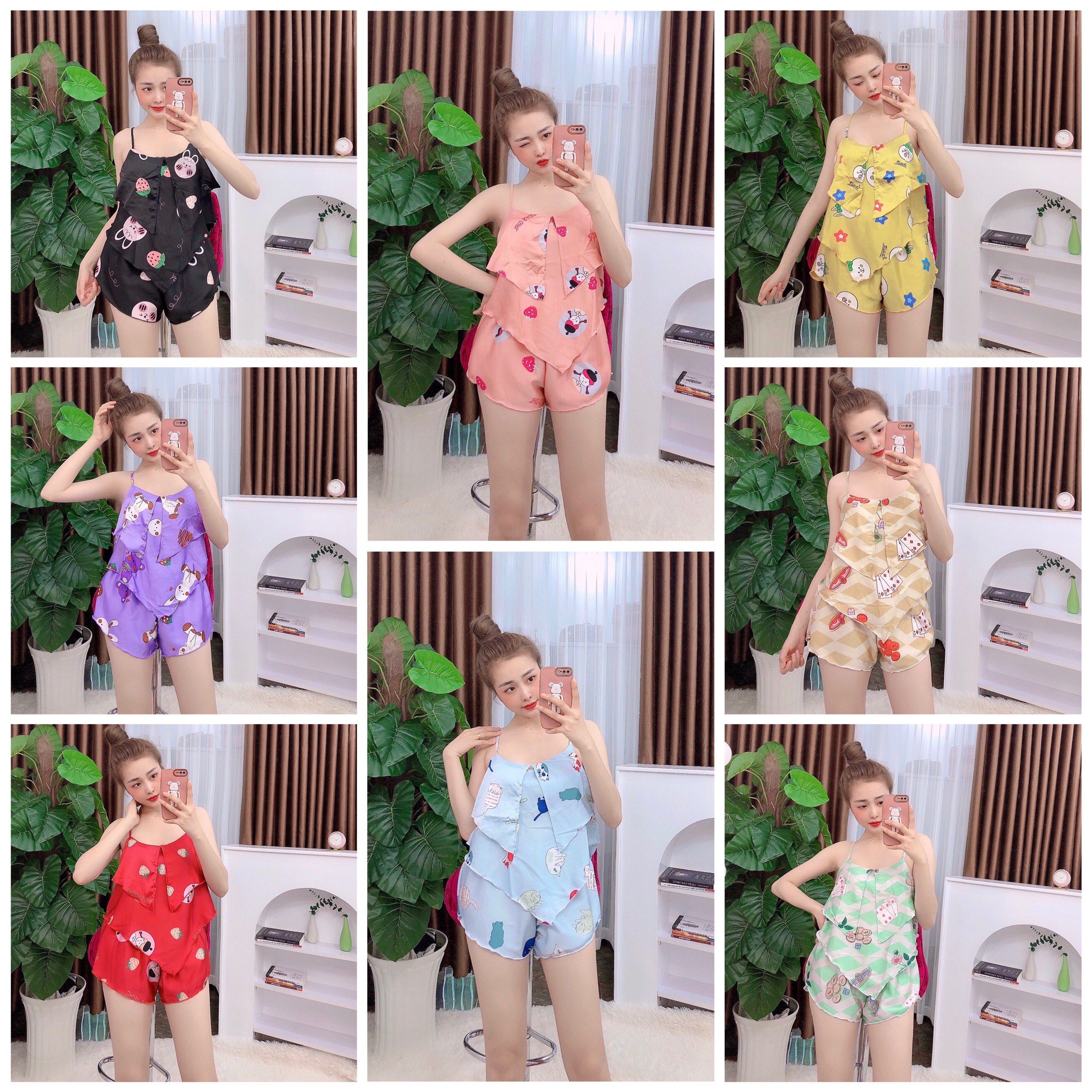 Set ngủ đùi phi lụa xẻ tầng họa tiết đáng yêu