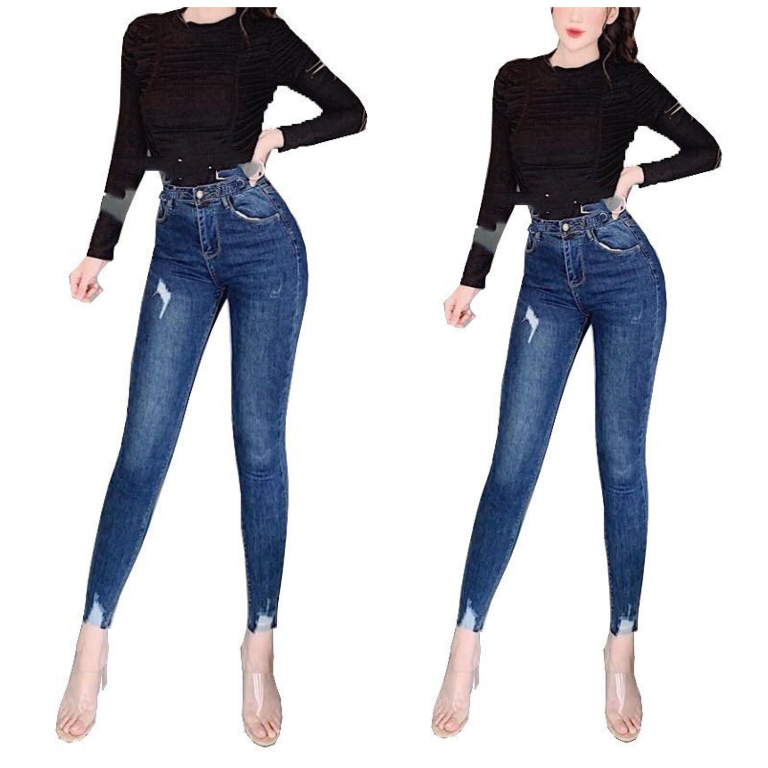 [HCM][SIZE ĐẠI 60kg~90kg] Quần jean nữ BIGSIZE skinny dài tua lai lưng cao chất liệu vải dày dặn co dãn mạnh 3037 - MoliJeans
