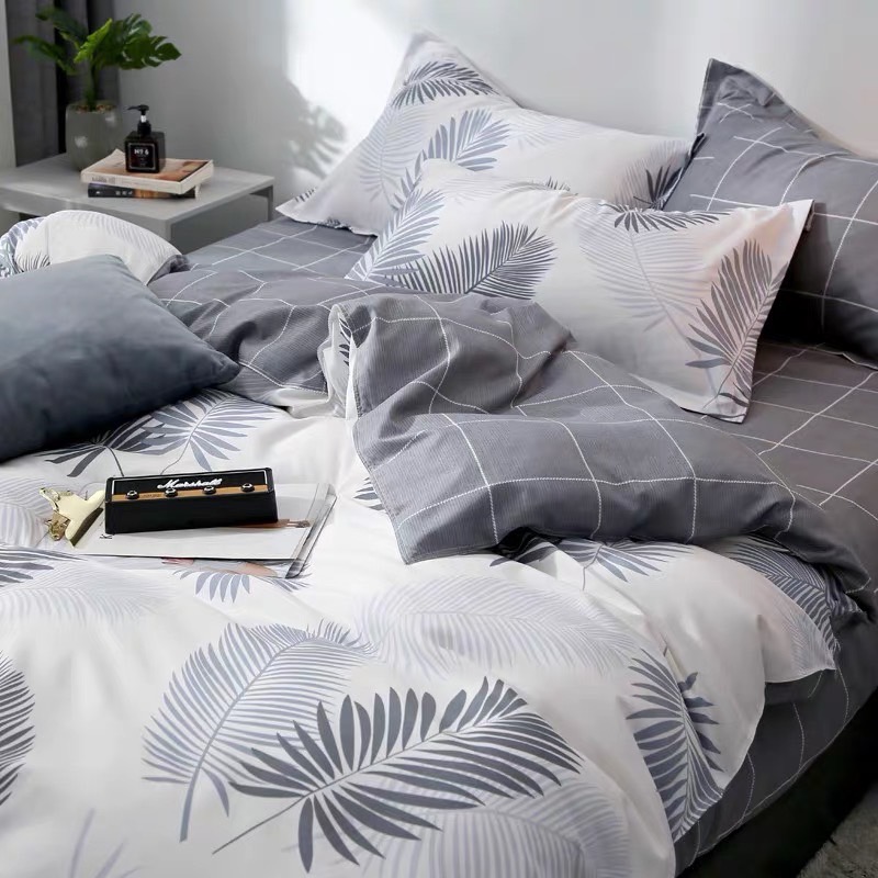 Bộ chăn ga gối lá cọ phối trắng ghi + ruột chăn hè