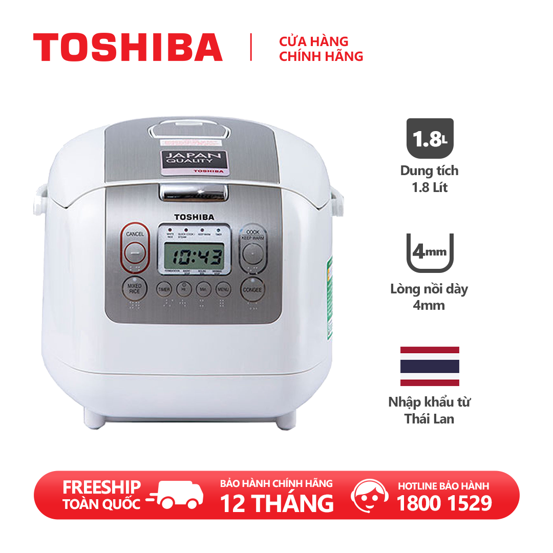 Nồi cơm điện tử Toshiba 1.8 lít RC-18NMFVN(WT) - Xuất xứ Thái Lan, Có xửng hấp Van thoát hơi thông minh, Hẹn giờ 24 tiếng, Giữ ấm lên đến 30 tiếng - Hàng chính hãng bảo hành 12 tháng, chất lượng Nhật Bản