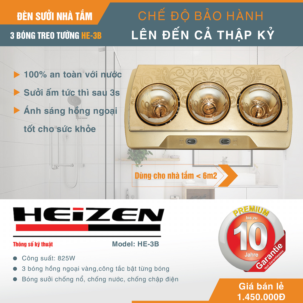 Đèn sưởi nhà tắm 3 bóng Heizen HE-3B (Vàng)