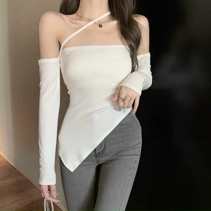 Áo kiểu trễ vai tay dài nhọn tà 1 dây chéo cổ cực hot , chất thun gân mềm mịn