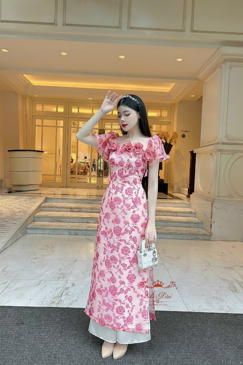 Sét Áo Dài 4 Tà Họa Tiết Hoa cách Điệu Cô