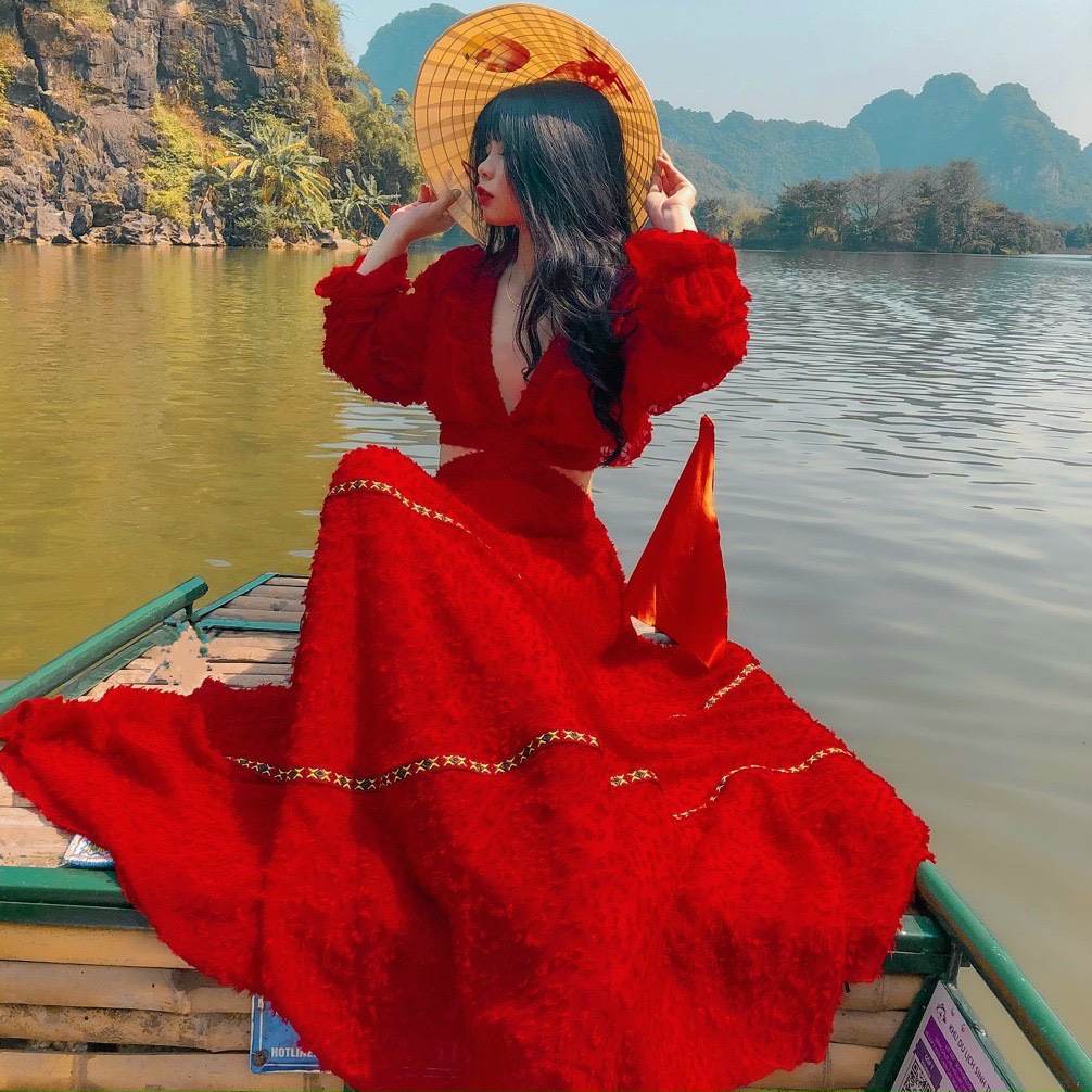 Đầm maxi đi biển váy maxi lông khoét viền