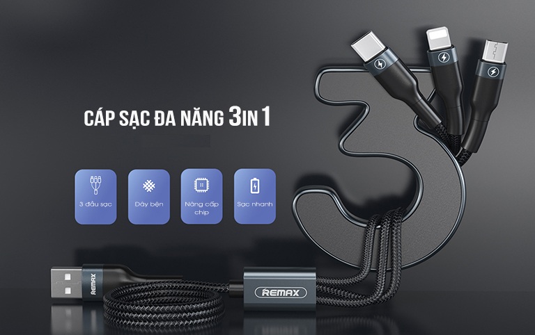 Cáp sạc 3 đầu đa năng Remax bọc dù,Cáp sạc 3 đầu Lightning, TypeC, Micro USB
